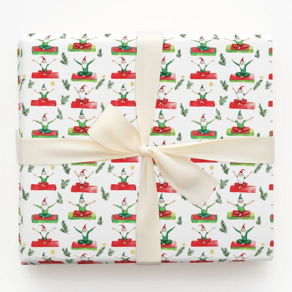 Whimsical Christmas Wrapping Paper, Yoga Santa and Elves Wrapping Paper, Humorous Holiday Gift Wrap Roll, Mindful Xmas Gift W