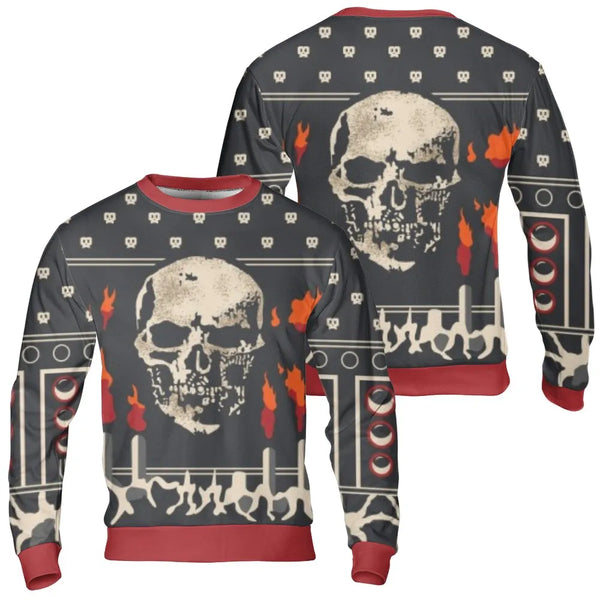 Flames Ugly Christmas Sweatshirt, Gothic Skull Sweatshirt, Dark Aesthetic Holiday Sweatshirt, Goth Winter Pullover Sweater, X