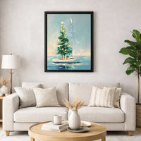 Nautical Coastal Holiday Canvas Art, Christmas Tree on Sailboat Canvas, Beach House Xmas Canvas Print, Festive Ocean Wall Decor