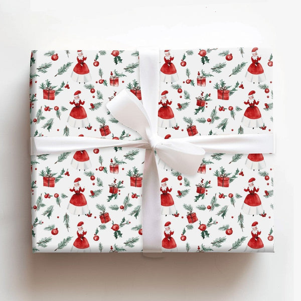 Vintage Christmas Gift Wrap, Mrs Claus Wrapping Paper, Watercolor Holiday Wrapping Paper, Retro Mrs Claus Gift Wrap, Xmas Pre
