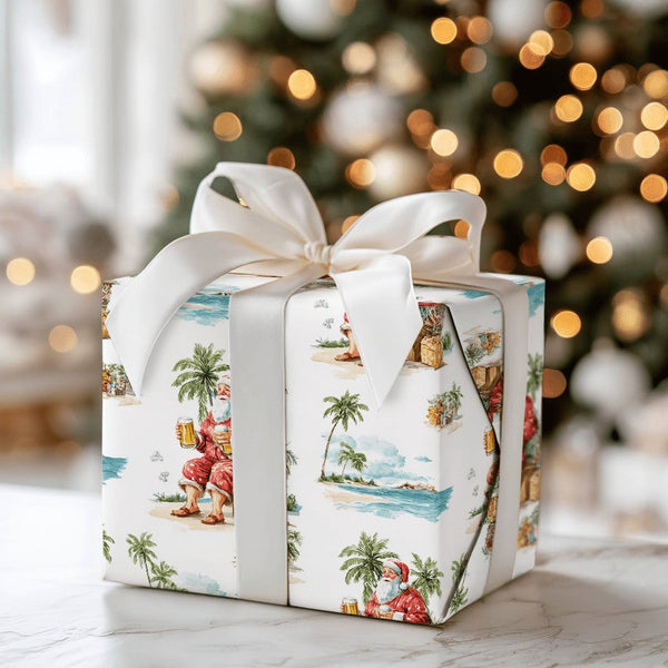 Beach Santa Gift Wrap, Tropical Santa Wrapping Paper, Humorous Beer Santa Wrapping Paper, Coastal Christmas Gift Wrap, Holida