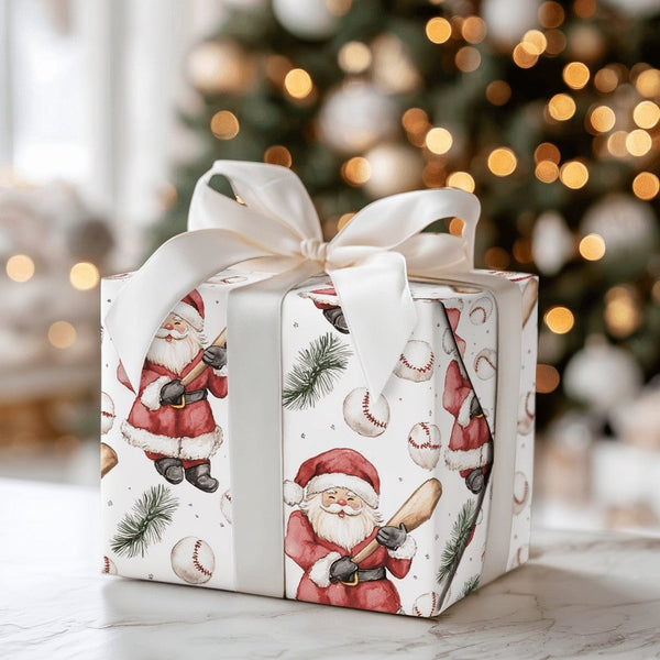 Watercolor Christmas Gift Wrap, Baseball Bat Santa Wrapping Paper, Holiday Sports Fan Wrapping Paper, Pine Sprig Baseball Gif