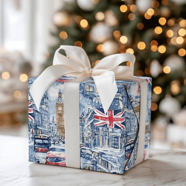Snowy Big Ben Red Bus Gift Wrap, London Christmas Wrapping Paper, British Flag Cityscape Present Paper, London Xmas Wrapping 