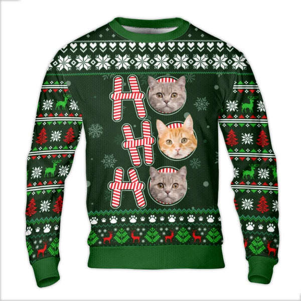 Ho Ho Ho Cat Holiday Sweatshirt, Custom Cat Photo Ugly Christmas Sweater, Adorable Cat Lover Christmas Crewneck, Pet Portrait