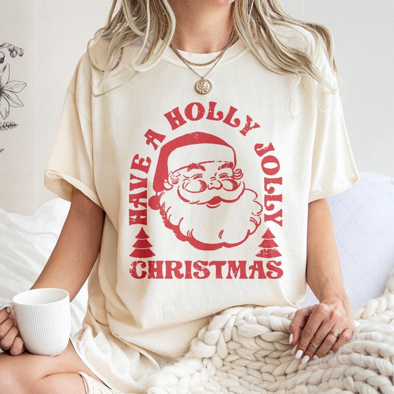 Have A Holly Jolly Christmas Graphic Tee, Retro Santa T-Shirt, Vintage Santa Claus Shirt, Adorable Holiday Season Graphic T-Shirt for Xmas