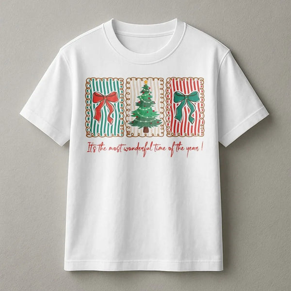 Retro Christmas Tree Bow Tee, Most Wonderful Time of the Year T-Shirt, Vintage Holiday Graphic Shirt, Adorable Xmas Tree T-Sh