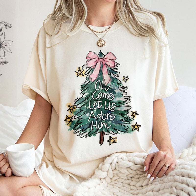 Coquette Christmas Tree Shirt, Oh Come Let Us Adore Him T-Shirt, Christian Faith Holiday Graphic Tee, Religious Christmas Season Shirt
