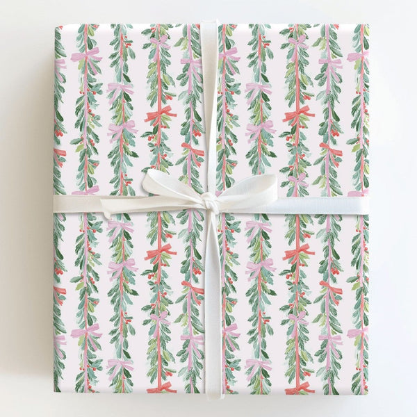 Pink Red Bows Gift Wrap, Watercolor Christmas Garland Wrapping Paper, Festive Botanical Wrapping Paper Roll, Elegant Holiday 