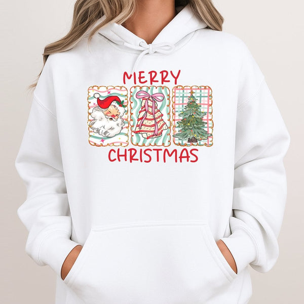 Vintage Santa and Tree Graphic Pullover, Retro Santa Merry Christmas Hoodie, Classic Holiday Tree Sweatshirt, Comfy Christmas