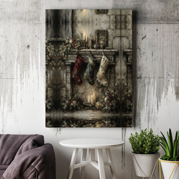 Comfy Holiday Stockings Decor, Vintage Christmas Fireplace Canvas Wall Art, Festive Christmas Canvas Print, Winter Living Roo