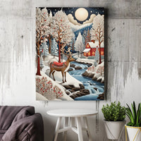 Snowy Forest Cabin Landscape Canvas Print, Winter Reindeer Canvas Wall Art, Rustic Christmas Holiday Canvas Decor, Comfy Living Room Artwork