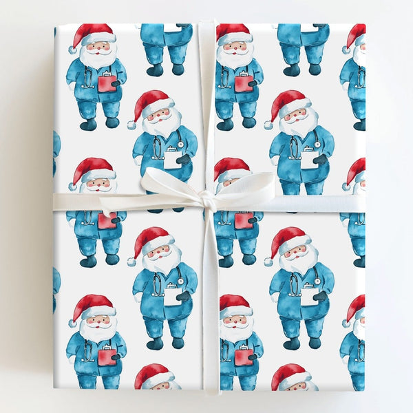 Nurse Scrubs Christmas Gift Wrap, Doctor Santa Wrapping Paper, Watercolor Medical Santa Wrapping Paper, Healthcare Worker Hol