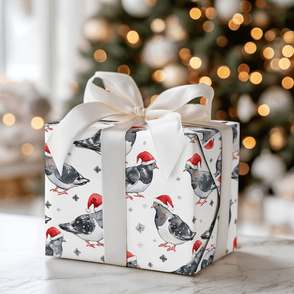 Watercolor Santa Hat Bird Gift Wrap Roll, Pigeon Christmas Wrapping Paper, Whimsical Holiday Wrapping Paper, Urban Bird Lover
