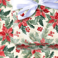 Christmas Pine Botanical Gift Wrap, Watercolor Poinsettia Wrapping Paper, Red Holly Berry Wrapping Paper, Traditional Holiday Wrapping Paper