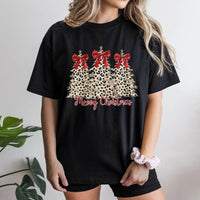 Festive Coquette Bow Tree T-Shirt, Leopard Christmas Tree Shirt, Adorable Holiday Graphic Tee, Leopard Print Xmas Shirt, Family Christmas Present