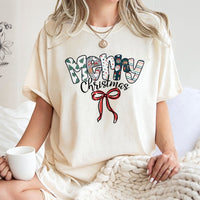 Patterned Lettering Red Bow Graphic Tee, Merry Christmas T-Shirt, Adorable Coquette Holiday Shirt, Family Christmas Graphic Top
