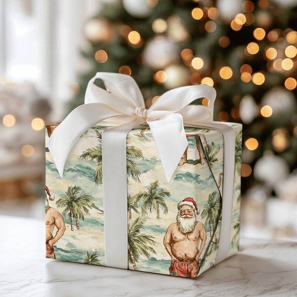 Humorous Tropical Beach Christmas Gift Wrap, Shirtless Santa Wrapping Paper, Palm Tree Holiday Wrapping Paper, Humorous Summe
