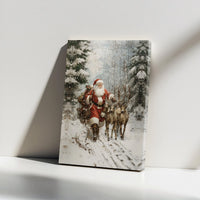 Snowy Forest Santa Canvas Print, Vintage Santa Claus Canvas Art, Rustic Reindeer Wall Art, Christmas Holiday Canvas Decor, Winter Wall Print