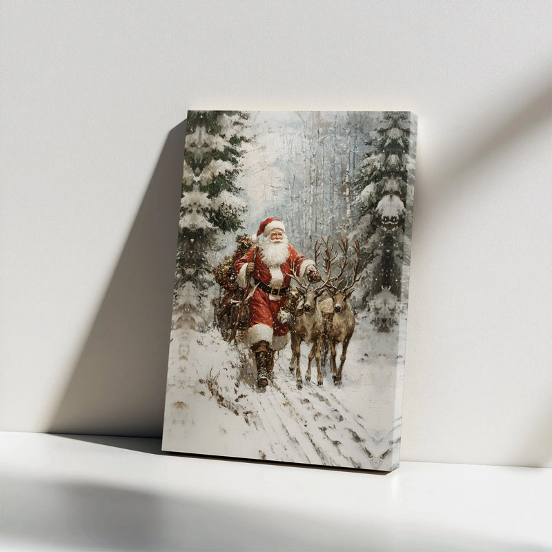 Snowy Forest Santa Canvas Print, Vintage Santa Claus Canvas Art, Rustic Reindeer Wall Art, Christmas Holiday Canvas Decor, Winter Wall Print