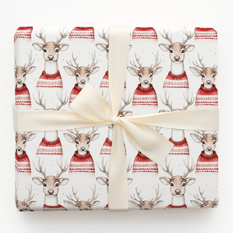 Watercolor Reindeer Christmas Wrapping Paper, Nordic Sweater Deer Wrapping Paper, Adorable Animal Holiday Gift Wrap, Winter Xmas Wrapping Paper