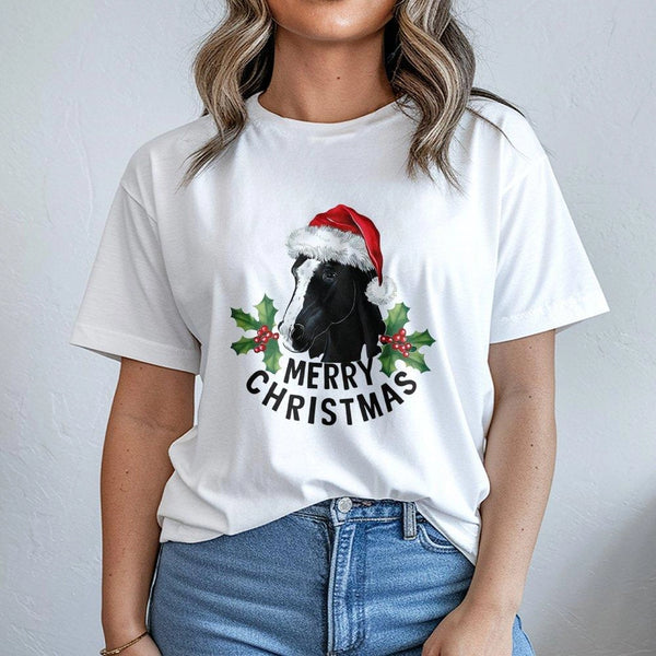 Santa Hat Equestrian Shirt, Horse Merry Christmas T-Shirt, Adorable Holiday Horse Graphic Tee, Retro Xmas Farm Animal Tee, Ho