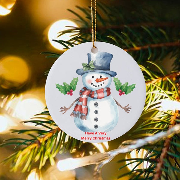 Festive Top Hat Holiday Ornament, Watercolor Snowman Christmas Ornament, Winter Snowman Tree Ornament, Ceramic Keepsake, Fami