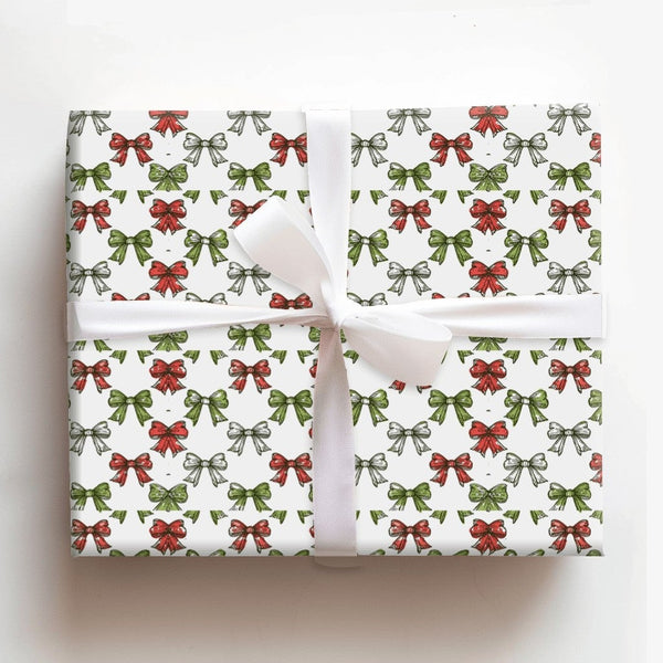 Sketched Holiday Gift Wrap, Christmas Bow Wrapping Paper, Red Green Bow Wrapping Paper, Vintage Xmas Gift Wrap, Festive Prese