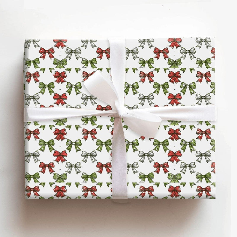 Sketched Holiday Gift Wrap, Christmas Bow Wrapping Paper, Red Green Bow Wrapping Paper, Vintage Xmas Gift Wrap, Festive Present Paper