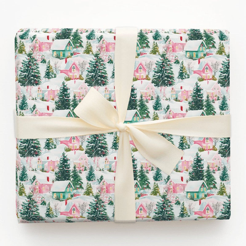 Watercolor Holiday Gift Wrap, Pastel Winter Village Christmas Wrapping Paper, Pink Green Christmas Tree Wrap, Comfy Snowy Village Present Paper