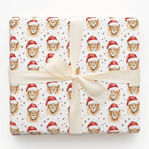 Watercolor Wild Animal Gift Wrap Paper, Lion with Santa Hat Christmas Wrapping Paper, Safari Holiday Wrapping Paper, Xmas Gif