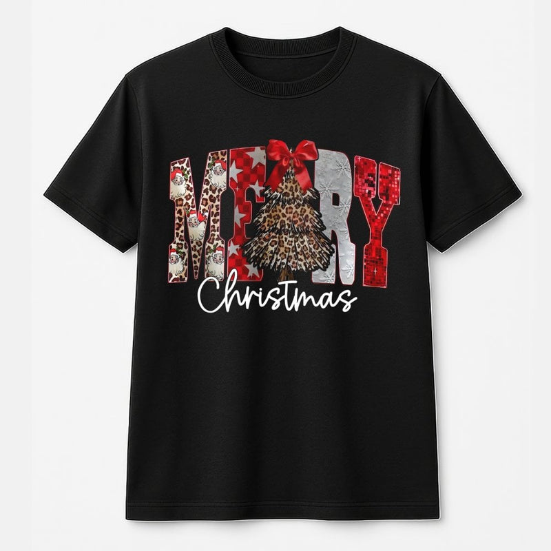 Leopard Print Santa Tree Shirt, Merry Christmas T-Shirt, Cheetah Pattern Xmas Graphic Tee, Holiday Winter T-Shirt, Festive Christmas Present