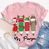Custom Name Holiday School Graphic Tee, Personalized Christmas Pencils T-Shirt, Teacher and Student Festive Xmas Shirt