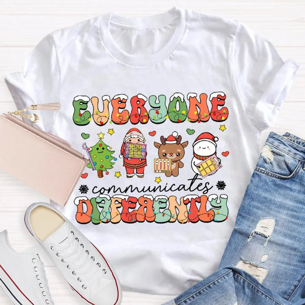 Festive Lights Neurodiversity Tee, Everyone Communicates Differently Christmas Shirt, SPED Teacher Holiday T-Shirt, ASL Xmas 