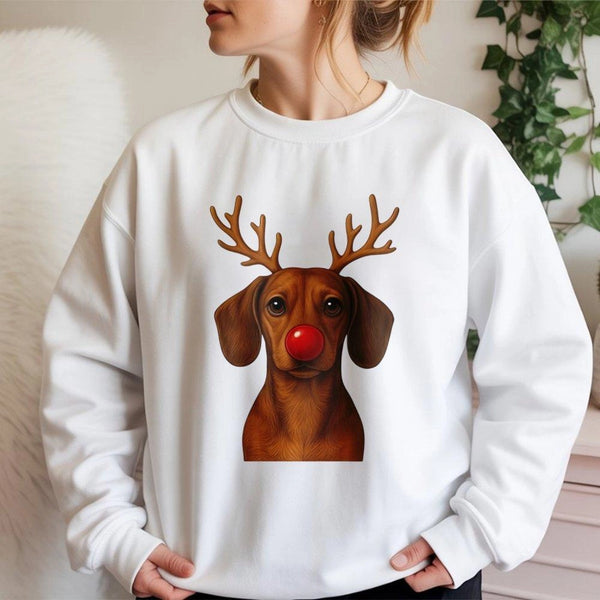 Adorable Wiener Dog Holiday Crewneck, Dachshund Reindeer Christmas Sweatshirt, Festive Doxie Puppy Sweater, Xmas Dog Lover Pu