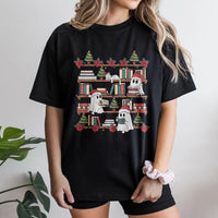 Spooky Adorable Holiday Reading Graphic Tee, Christmas Ghost Bookshelf T-Shirt, Bookish Library Ghost Shirt, Christmas Book Lover Graphic Tee