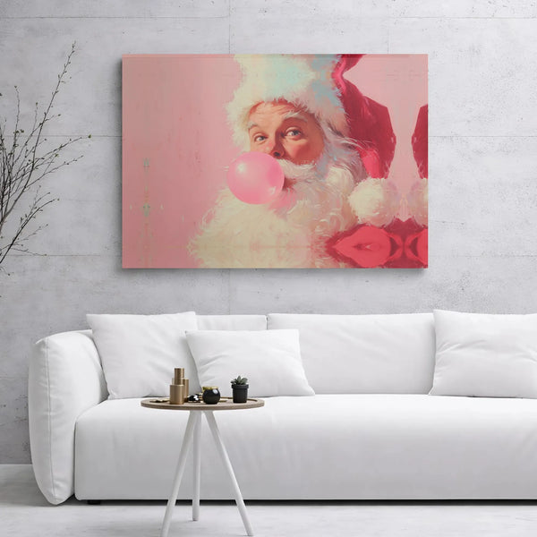Pink Bubble Gum Santa Canvas Print, Humorous Santa Claus Canvas Wall Art, Whimsical Holiday Santa Canvas, Retro Christmas Wal