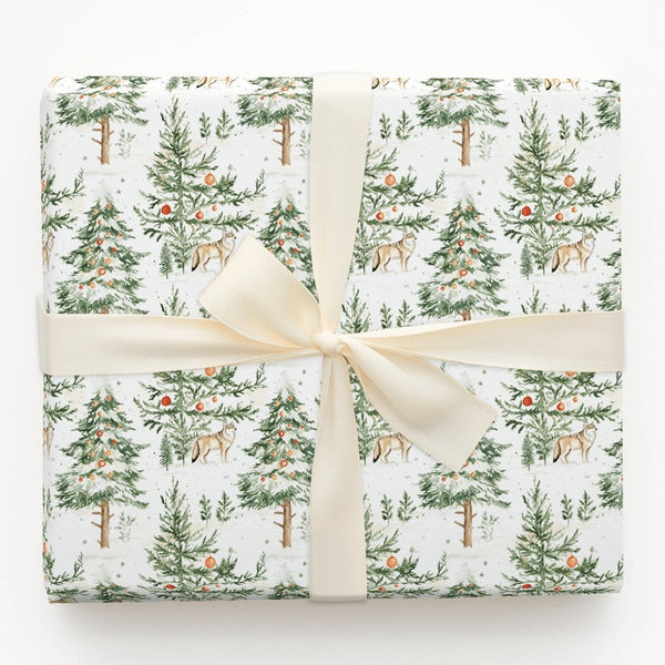 Snowy Forest Christmas Gift Wrap, Watercolor Wolf Wrapping Paper, Rustic Winter Holiday Wrapping Paper, Nature Animal Present