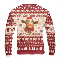 Highland Cow Santa Hat Sweater, I Want a Cow for Christmas Sweatshirt, Adorable Farm Animal Holiday Pullover, Festive Winter Crewneck, Xmas Present