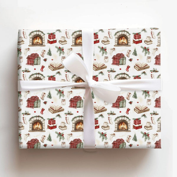 Book Lover Holiday Gift Wrap, Comfy Fireplace Christmas Wrapping Paper, Rustic Winter Books Stockings Wrapping Paper, Festive