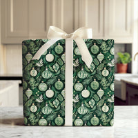 Green White Christmas Gift Wrap, Botanical Ornament Wrapping Paper, Winter Foliage Wrapping Paper, Xmas Pine Paper, Festive Gift Wrap