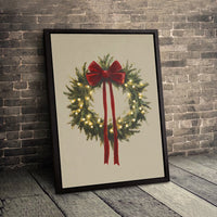 Illuminated Evergreen Holiday Print, Christmas Wreath Digital Wall Art, Festive Winter Wreath Poster, Xmas Bow Wall Decor Digital Download