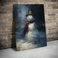 Winter Night Snowman Painting, Snowman Canvas Wall Art, Holiday Snowman Art Print, Farmhouse Christmas Decor, Printable Digital Download