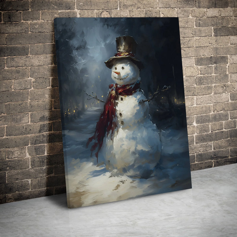 Winter Night Snowman Painting, Snowman Canvas Wall Art, Holiday Snowman Art Print, Farmhouse Christmas Decor, Printable Digital Download