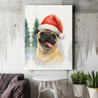 Watercolor Santa Hat Puppy Canvas Print, Christmas Pug Canvas Art, Festive Dog Wall Art, Holiday Animal Canvas Decor, Present for Pug Lovers