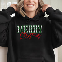 Green Buffalo Plaid Christmas Hoodie, Merry Christmas Hoodie, Festive Xmas Tree Pullover Sweatshirt, Holiday Graphic Hoodie Present