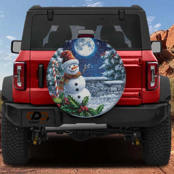 Moonlight Winter Scene Tire Cover, Christmas Snowman Spare Tire Cover, Xmas Holiday Spare Tire Cover, Festive SUV Jeep RV Own