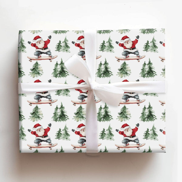 Pine Tree Santa Gift Wrap, Skateboarding Santa Wrapping Paper, Whimsical Skater Santa Wrapping Paper, Humorous Christmas Holi