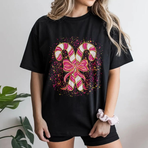 Coquette Bow Graphic Tee, Pink Candy Cane Christmas T-Shirt, Preppy Holiday Shirt, Adorable Aesthetic Xmas Graphic T-Shirt, P