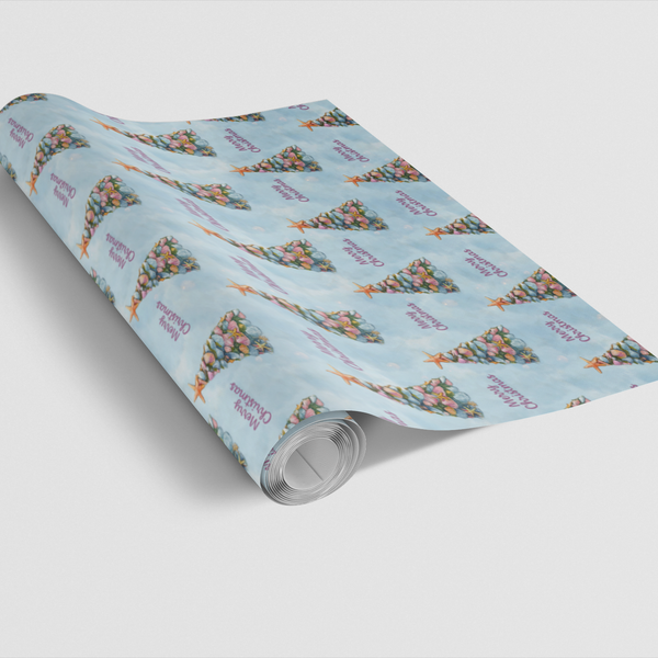 Beach Shell Tree Gift Wrap, Coastal Christmas Wrapping Paper, Nautical Holiday Wrapping Paper, Coastal Xmas Gift Wrap, Ocean 
