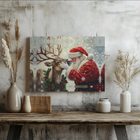 Winter Holiday Canvas Print, Santa Claus and Reindeer Canvas Wall Art, Whimsical Christmas Canvas, Festive Xmas Wall Art, Holiday Fan Present